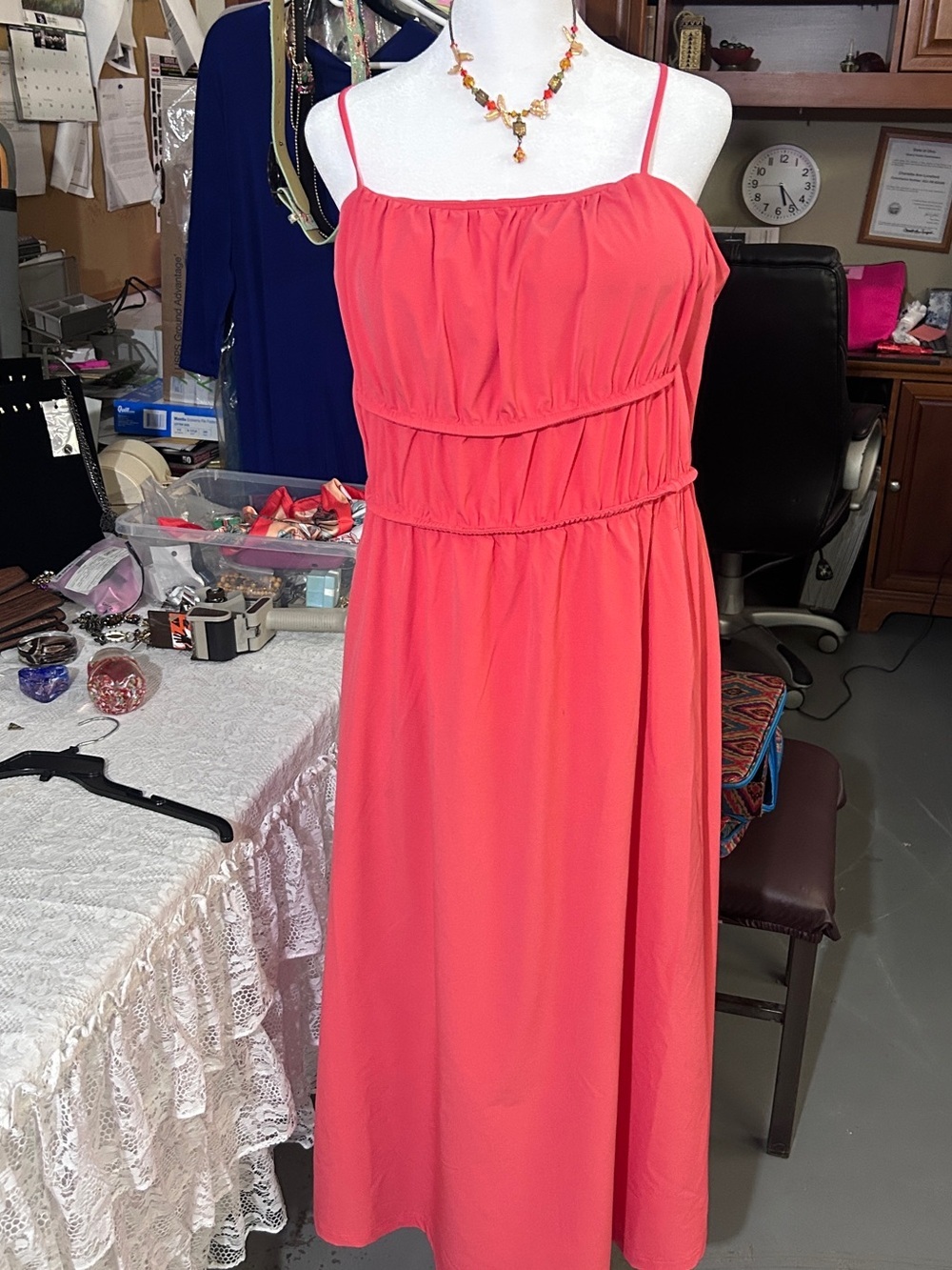 Women's Coral Spaghetti-Strap Maxi Dress with necklace